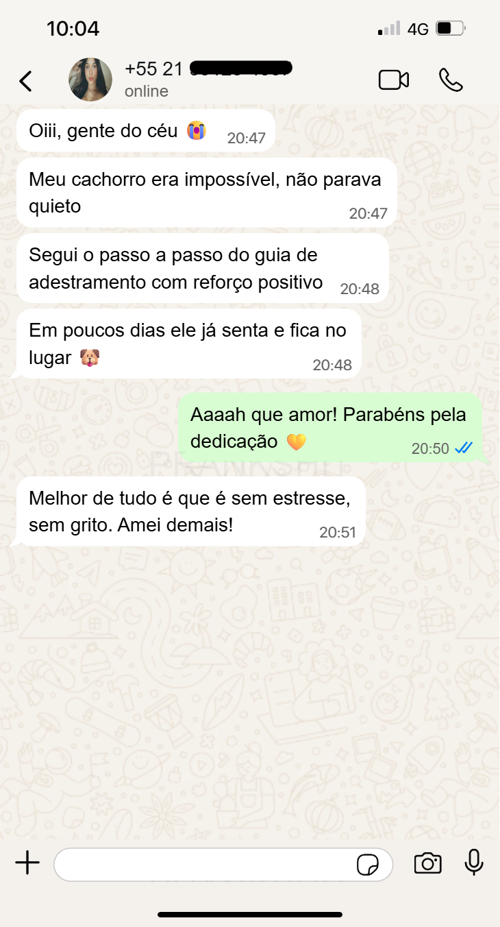 Print de conversa no WhatsApp: cliente contando que o cachorro aprendeu a sentar e ficar no lugar com o guia Cão Educado.
